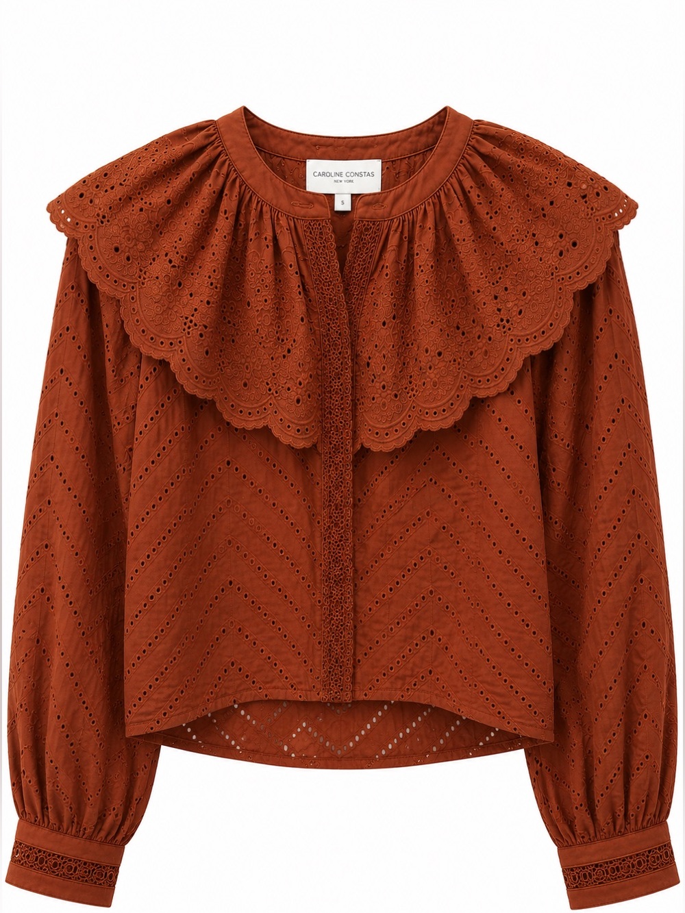 NWT CAROLINE CONSTAS Rust Eyelet Ruffle Collar Blouse